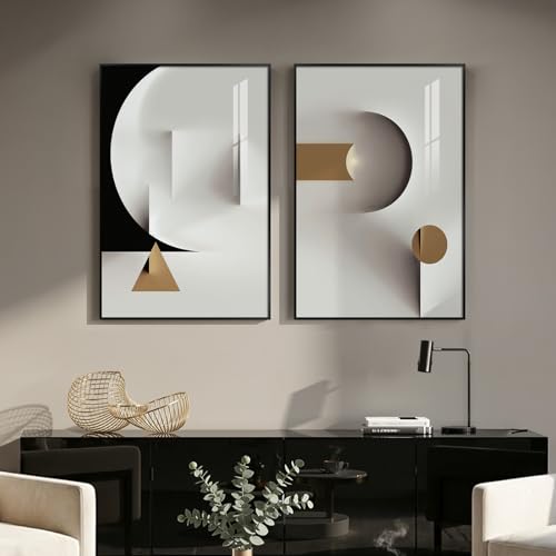 Large Framed Modern Elegant Abstract Wall Art, 2 Piece Black White Gold Geometric Prints Paintings Artwork for Walls, Minimalist Wall Pictures for Living Room Dining Bedroom Hallway Wall Decor 24x36 In - color: Black White Gold Geometry, size: 24" W x 36"