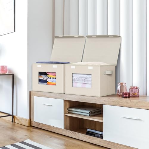 Univivi Collapsible Stackable Storage Bins with Lids, 4 Pack, Beige | 17 x 12 x 12 In Foldable Fabric Closet Organizer Containers, Stackable Closet Organizer and Storage for Home, Office, Bedroom - color: Beige