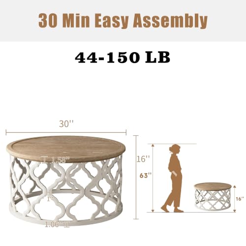 karlott Farmhouse Coffee Table, French Country Tray Round Coffee Table | Solid Wood Veneer Tabletop, Curved Motif Frame Base, Coastal Boho Center Table, Small Rustic Coffee Tables for Living Room - size: Tray Coffee Table 30 Inches