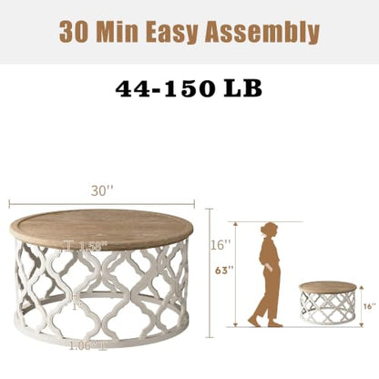karlott Farmhouse Coffee Table, French Country Tray Round Coffee Table | Solid Wood Veneer Tabletop, Curved Motif Frame Base, Coastal Boho Center Table, Small Rustic Coffee Tables for Living Room - size: Tray Coffee Table 30 Inches
