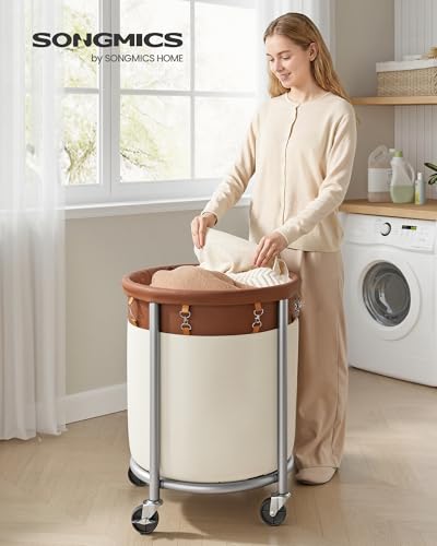 SONGMICS Laundry Basket, Rolling Steel Frame with 2 Locking Wheels, 110 L | Heavy-Duty Laundry Hamper Cart with Removable Bag, Coffee Brown and Cream White, URLS002KQ02 - color: Coffee Brown + Cream White, size: 110 L (1-Section)