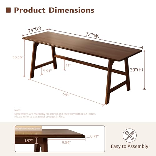 IOTXY Solid Wood Writing Table - 72"W Minimalist Long Computer Desk, Walnut | Minimalist Modern Style, 100% Solid Wood, Spacious Surface, Moon-Shaped Legs, Super Stable, 265-lbs Capacity, 15-Min Assembly - color: Walnut, size: 72" W