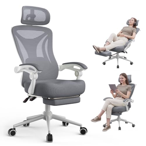 CYKOV Ergonomic Office Chair, Reclining, Footrest, Adjustable Lumbar, 350LB | 4-Way Headrest (4.72" + 60°), 2-Way Lumbar (2" + 1.18"), 90-135° Recline, Breathable Mesh, Gaming & Office, 5-Year Warranty - color: W-dgrey