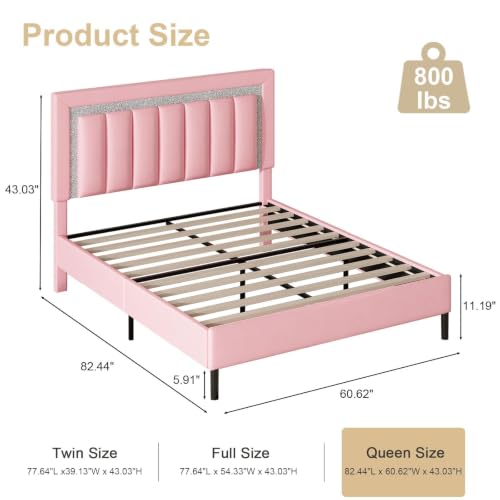 HOMBCK Queen Bed Frame with Faux Leather Upholstered Headboard | Queen Size Bed Frame with Diamond Vertical Design, No Box Spring Needed, Under Bed Storage, Easy Assembly, Pink - color: Pink, size: Queen