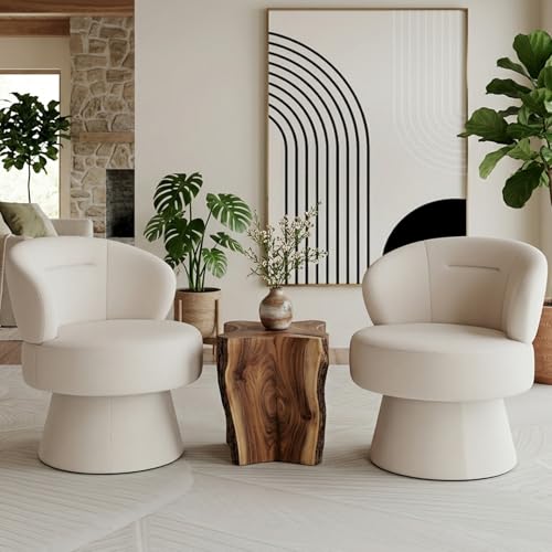 360° Swivel Accent Chairs Set of 2, Modern Chenille Upholstered Boucle Dining Chair with Back, Vanity Chair Accent Armchair Side Chairs for Dining/Living Room, Bedroom, White - color: White 01, size: 2 Chairs