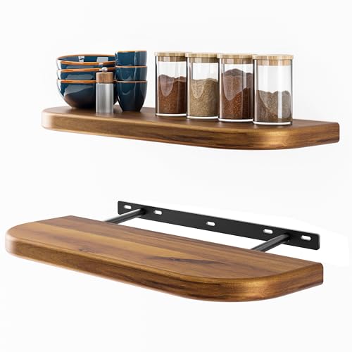 BATODA 17" Acacia Wood Floating Shelves Wall Mounted (Round Edge) – Rustic Farmhouse Wooden Wall Storage Shelf for Bedroom, Kitchen - Brackets and Shelving Hardware Included (Acacia Color) | Safe Round Edges, 100 lb Capacity, Hidden Brackets, Complete Har