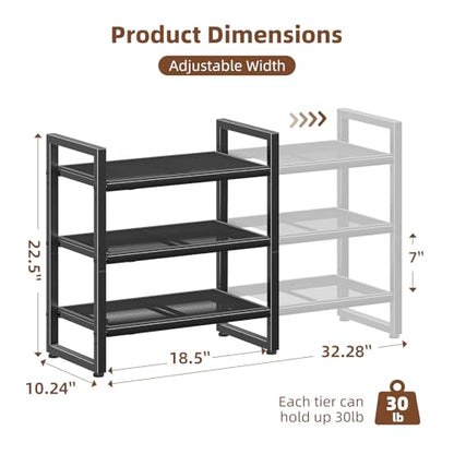 Simple Trending 3-Tier Expandable Shoe Rack, Adjustable & Stackable Shoe Organizer, Metal Mesh Free Standing Shoe Shelf Storage for Closet Entryway Doorway, Black
