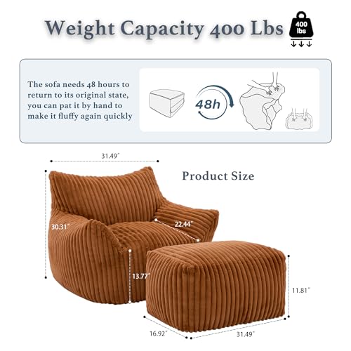 Gericco Oversized Bean Bag Chaise Lounge Chair Indoor for Adults with Armrests & Ottoman - Giant Comfy Orange Beanbag Floor Sofa Cloud Accent Chair for Reading, Gaming, Cozy Plush Cloud Mini Couch - color: Orange, size: XL Sofa Chair + Footstool