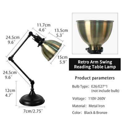 Desk Lamp for Home Office, Desk Light with Adjustable Multi-Joint Metal Swing Arms Table Lamp, Industrial Table Light for for Home Office, Work, Study, Reading, E26 Base (Antique Brass)