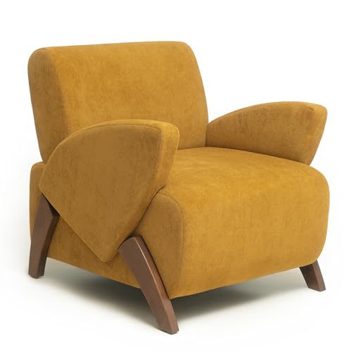 33" Velvet Fabric Modern Comfort Lazy Cloud Chair, Upholstered Deep Seat Single Sofa with Birch Legs, Fashion Lounge Chair with Slim Design for Living Room, Brown Yellow - color: Brown Yellow
