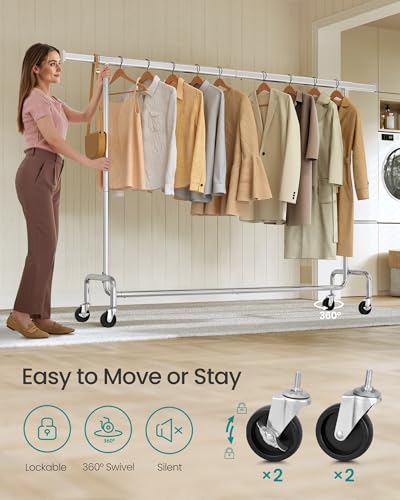 SONGMICS Clothes Rack with Wheels, Heavy-Duty Garment Rack with Extendable Hanging Rod, 243 lb Load Capacity, 17.7 x (63-78.7) x 64.1 Inches, Chrome-Plated, Silver UHSR176E01 - color: Silver, size: (63"-78.7")W