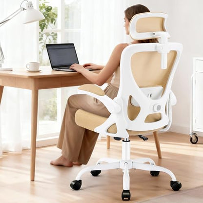 Office Chair - Ergonomic Desk Chair Breathable Mesh Chair with 2D Headrest & Adjustable Lumbar Support - Executive High Back Rolling Swivel Computer Gaming Chair with Wheels Flip-up Armrests - color: Khaki/White