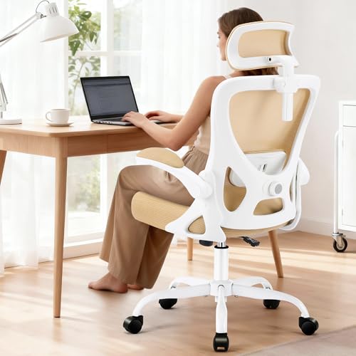 Office Chair - Ergonomic Desk Chair Breathable Mesh Chair with 2D Headrest & Adjustable Lumbar Support - Executive High Back Rolling Swivel Computer Gaming Chair with Wheels Flip-up Armrests - color: Khaki/White