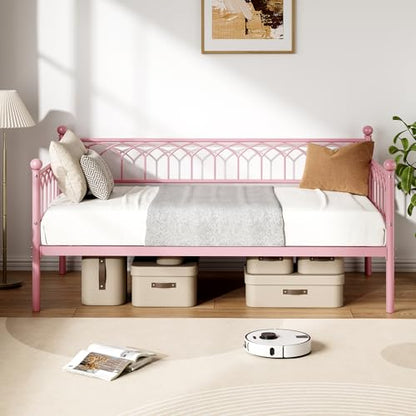 IDEALHOUSE Twin Size Daybed, Sofa Bed Frame with Metal Steel Slat Support, Heavy Duty Metal Bed Frame, Space Saving, Easy Assembly, for Small Spaces, Living Room, Bedroom, Apartment, Pink | Space-Saving Guest Bed - Slides Under Daybeds for Overnight Visit
