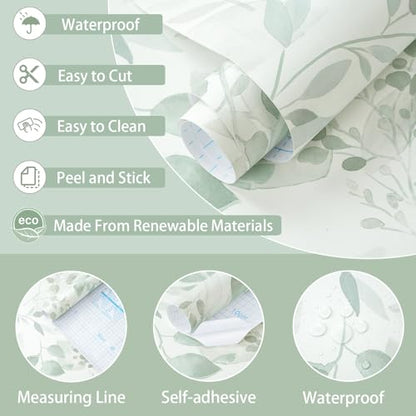 Safiyya Light Green Leaf Wallpaper Peel and Stick Wall Paper Modern Boho Contact Paper 78.7" x 17.3" Self Adhesive Removable Wallpaper for Bedroom Bathroom Vinyl Rolls - color: Green and White, size: 17.3" x 78.7"