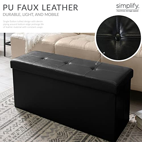 Simplify Faux Leather Folding Storage Ottoman | Triple | Collapsible | Tufted Padded Seating | Foot Rest | Bench | Toy Box | Black - color: Black, size: 15"D x 44"W x 15"H