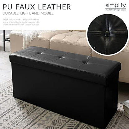 Simplify Faux Leather Folding Storage Ottoman | Triple | Collapsible | Tufted Padded Seating | Foot Rest | Bench | Toy Box | Black - color: Black, size: 15"D x 44"W x 15"H