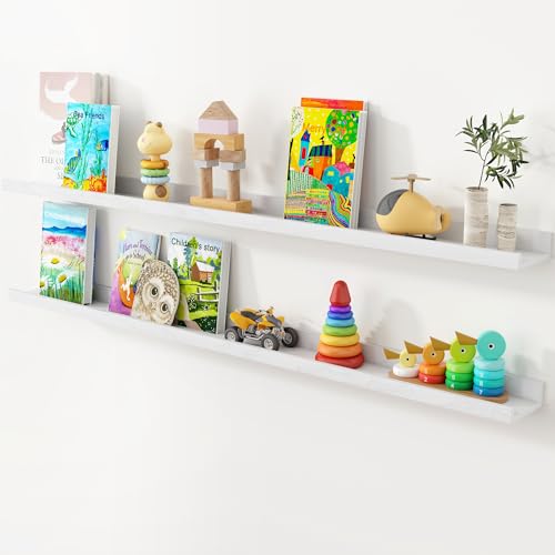 Oak Picture Ledge Shelf, 55 Inch Floating Shelves Set of 2, Solid Oak Wood Wall Shelves with Lip, Wall Decor Storage for Bedroom Living Room Bathroom Kitchen Nursery Photo Picture, White - color: White, size: 55inch