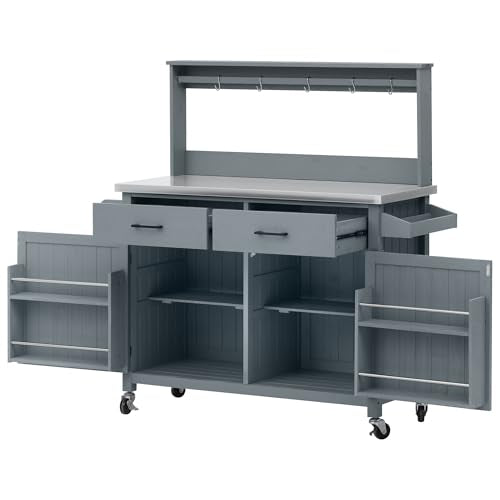 54.1" Outdoor Kitchen Island with High Shelf, Stainless Steel Top & Lockable Wheels, Solid Wood Grill Cart for BBQ, Potting Bench with Storage Cabinet & Adjustable Shelves (54.1" Grey Blue) - color: 54.1" Grey Blue