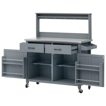 54.1" Outdoor Kitchen Island with High Shelf, Stainless Steel Top & Lockable Wheels, Solid Wood Grill Cart for BBQ, Potting Bench with Storage Cabinet & Adjustable Shelves (54.1" Grey Blue) - color: 54.1" Grey Blue