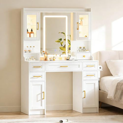 Vanity Desk with Mirror and LED Lights & Power Outlet | Large Makeup Vanity Table with 5 Drawers and 4 Storage Cabinets, White Dressing Table for Bedroom - size: 043 Pure White