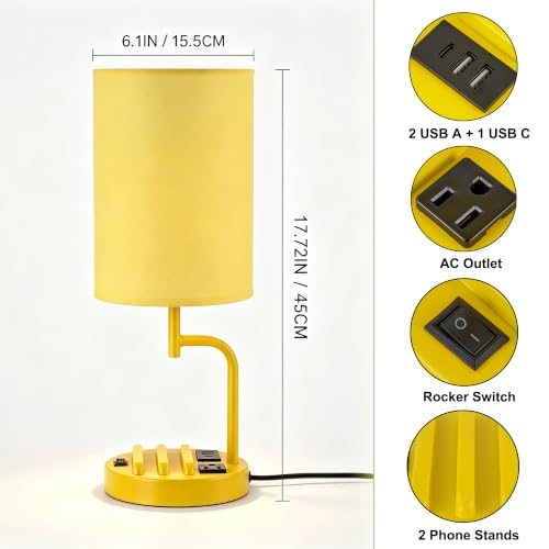 Dreamholder 2 Pack Table Lamp, Bedside Lamp with 3 USB Charging Ports & AC Outlet, USB Desk Lamp with 2 Phone Holders, Linen Fabric Shade Nightstand Lamps for Bedroom Living Room Office, Yellow - color: Yellow