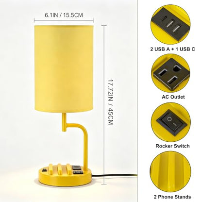 Dreamholder 2 Pack Table Lamp, Bedside Lamp with 3 USB Charging Ports & AC Outlet, USB Desk Lamp with 2 Phone Holders, Linen Fabric Shade Nightstand Lamps for Bedroom Living Room Office, Yellow - color: Yellow
