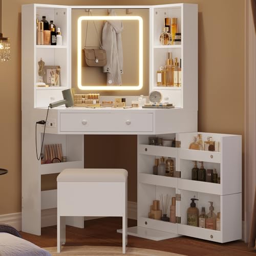 HAUOMS Corner Vanity Desk with LED Lighted Mirror, Storage Bench, White | Rotating Cabinet with 6 Shelves, 2 Drawers & Power Outlet, 3 Light Settings, for Women Girls Space Saving - style: Creamy White