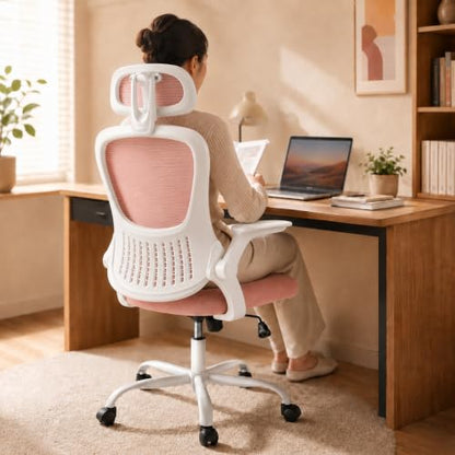 Pink Ergonomic Office Chair, High Back Mesh Desk Chair with Adjustable Headrest Lumbar Support, Computer Chairs with Flip-up Armrests and Thickened Cushion for Adults Home Office, 360° Swivel - color: Pink With Headrest