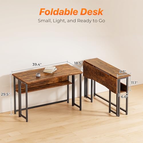 Huuger Folding Desk with Storage Shelf, 39.3 Inch Foldable Computer Table | Writing Work Office Computer Desk for Small Spaces, Space Saving Sofa Table for Couch, Easy to Fold, Rustic Brown - color: Rustic Brown, size: 18.5"D x 39.4"W
