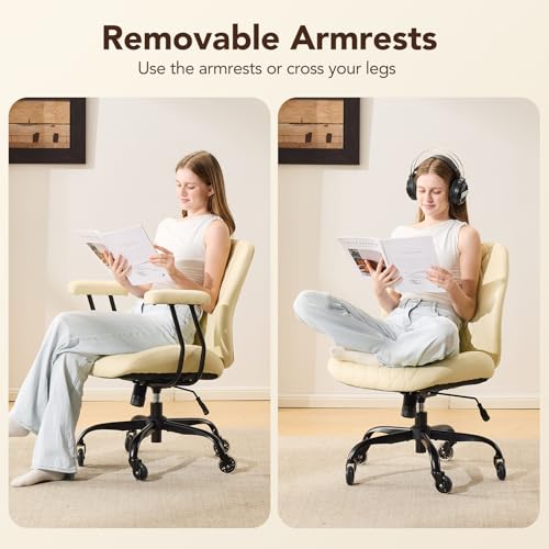 YFO Home Office Desk Chair Office Rubber Casters Ergonomic Computer Chair with Lumbar Support Adjustable Height Rolling Swivel Executive Task Armrests Chair， Cream Leather - color: Cream, size: Mid Back