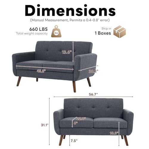 Tbfit 56" W Loveseat Sofa, Mid Century Modern Decor Love Seat Couches for Living Room, Button Tufted Upholstered Small Couch for Bedroom, Solid and Easy to Install Love Seats Furniture, Blue Grey - color: Blue Grey, size: 56.7 inch