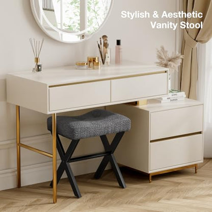 18-Inch Vanity Stool Chair, Gray Makeup Stool | Teddy Flannel Vanity Bench, Metal X-Leg, 300 LBS, 16.3"x12.4"x18", Ottoman Accent Stool, Breathable Soft Saddle Seat - size: Small, style: Gray Fabric