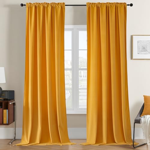 Joydeco Yellow Velvet Curtains 63 inch Length 2 Panels, Luxury Blackout Rod Pocket Thermal Insulated Window Curtains, Super Soft Room Darkening Drapes for Living Dining Room Bedroom,W52 x L63 inches - color: Rod Pocket | Golden Yellow, size: 52"W x 63"L (