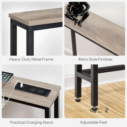 HOOBRO 47.2" Narrow Console Table with Power Outlets, 5.9" Behind Couch Table with Charging Station, Narrow Sofa Table, Long Entryway Table for Living Room, Hallway, Foyer, Greige BG15XG01G1 - color: Greige + Black, size: 47.2"L x 5.9"W x 31.5"H