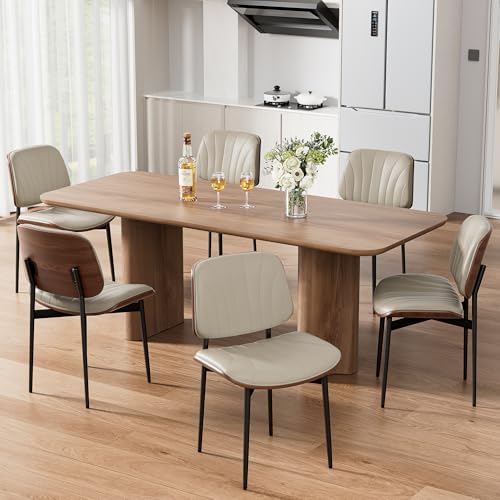 Dining Chairs Set of 2, Mid-Century Modern Upholstered PU Leather Chairs | with Walnut Bentwood Back and Metal Legs Adjustable Feet for Kitchen Dining Room, Greige Shell Strips - color: Greige Shell Strips