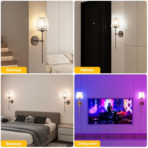 Crystal Battery Operated Wall Sconces Set of 2, Brown Rechargeable Wireless Wall Lights with Crystal Lampshade, 12 RGB and 3CCT Dimmable Wall Lamps with Remote for Bedroom Living Room Hallway - color: Brown