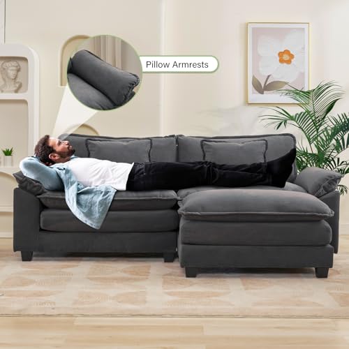 86" Modular Sectional Sofa, Comfy Deep Cloud Couch with Ottoman | L-Shaped Couches for Living Room, Modular Couch, Deep and Wide Seat, Velvet Sofa Sleeper with Throw Pillows, Blue Grey - color: Blue Gray, size: 86 Inch L