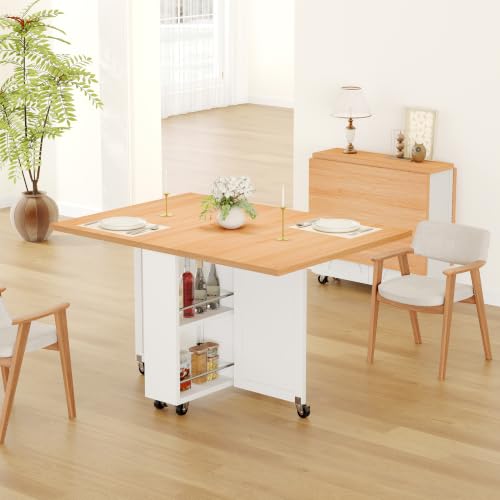 52.7" Folding Dining Table for 2-6, Easy Assembly, Oak+White | Folding Dining Table with 6 Wheels, Drop Leaf Table with Drawers, Shelves and Wine Rack for Small Spaces - color: Light Brown