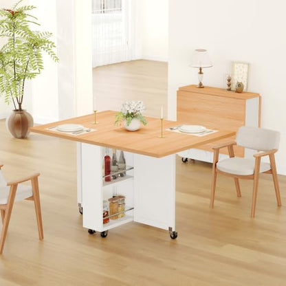 52.7" Folding Dining Table for 2-6, Easy Assembly, Oak+White | Folding Dining Table with 6 Wheels, Drop Leaf Table with Drawers, Shelves and Wine Rack for Small Spaces - color: Light Brown