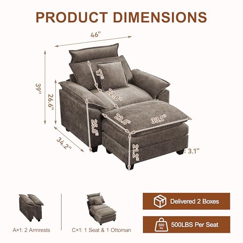 46'' Oversized Chaise Lounge with Ottoman, Cloud Deep Seat Accent Sofa Chair with Detachable Headrest, Double Thicked Cushion Lounge Armchair for Living Room, Bedroom, Brown - color: Brown, size: Chaise Lounge Chair