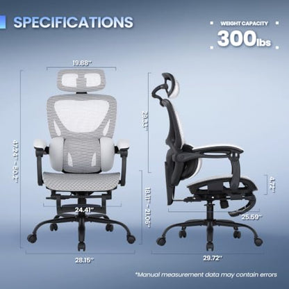 MALOL Ergonomic Mesh Office Chair with Footrest, Executive High Back Computer Desk Chair with 3D Adjustable Headrest & 5-Level Lumbar Support, Track Armrest, Tilt Lock, 300LBS, White - color: White