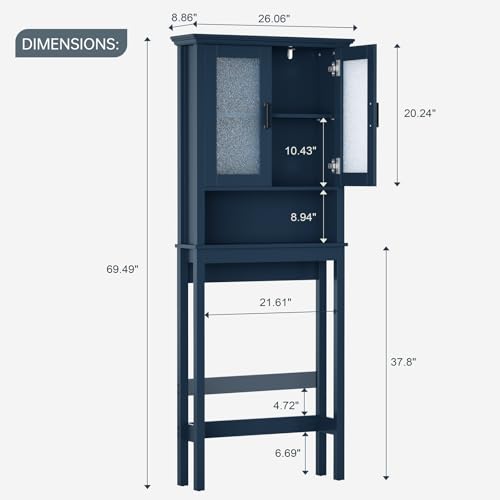 Over The Toilet Storage Cabinet, Over Toilet Storage Bathroom Cabinet with Glass Door and Adjustable Shelf, Above The Toilet Cabinet Behind Toilet Bathroom Organizer, Ultramarine - color: Ultramarine