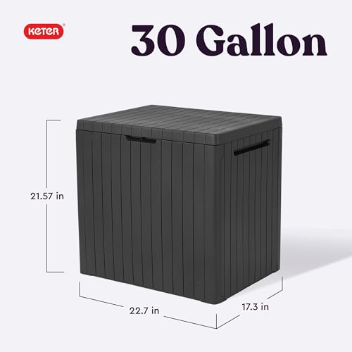Keter City 30 Gal Outdoor Storage Box and Patio Side Table | Grey, Resin, Compact, Weatherproof, Lockable, Easy Assembly, Organization, Pool Accessories Storage - color: Dark Grey