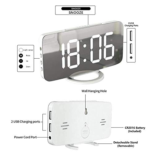 Miowachi White Digital Alarm Clock for Bedrooms, Small Desk Table Bedside Nightstand Cute Decorative LED Mirror Clock for Home Room Office Vanity, USB Charger