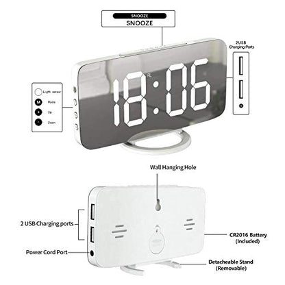 Miowachi White Digital Alarm Clock for Bedrooms, Small Desk Table Bedside Nightstand Cute Decorative LED Mirror Clock for Home Room Office Vanity, USB Charger