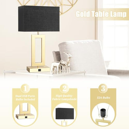 gernehop Black Table Lamps Set of 2 with Dual USB Ports,3-Way Dimmable Touch Control Bedside Lamps,22inch Tall Modern Bedroom Table Lamp for Living Room,Nightstand LED Bulbs Included - color: 22Inch Black&Gold