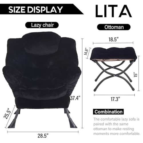 Lazy Chair with Ottoman, Comfy Accent Reading Chair, Plush Black | Foldable Footrest,Removable Cover,with Armrests and Side Pockets,Upholstered Lounge Chair for Bedroom,Dorm,Office,Small Space - color: Plush Black
