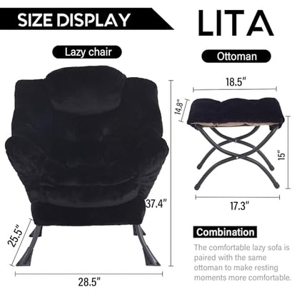 Lazy Chair with Ottoman, Comfy Accent Reading Chair, Plush Black | Foldable Footrest,Removable Cover,with Armrests and Side Pockets,Upholstered Lounge Chair for Bedroom,Dorm,Office,Small Space - color: Plush Black