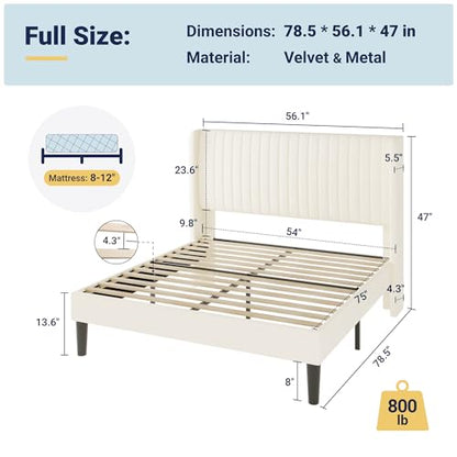 Allewie Full Size Velvet Bed Frame/Vertical Channel Tufted Wingback Headboard/Upholstered Platform Bed/Strong Wooden Slats/No Box Spring Needed/Easy Assembly/Cream White - color: Cream White, size: Full